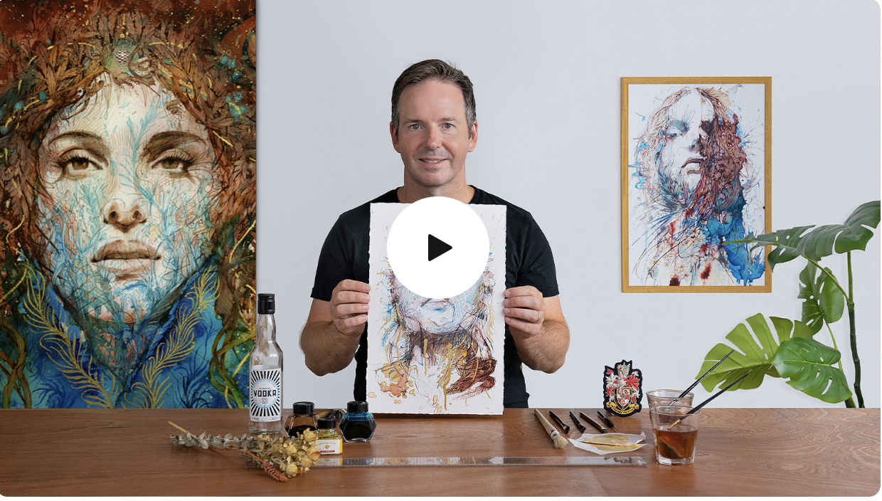 Online class: Experimental portraiture with ink, tea, and alcohol.